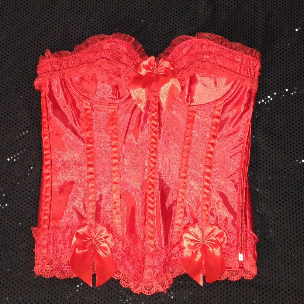 Lace Ruffled Very Red Satin Corset With Bows, Lace Up Back & Side Zipper (M)